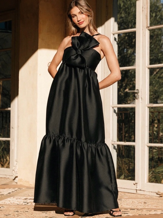 Petal & Pup Dresses & Skirts - Petal & Pup Black Satin Bow-Front Maxi Dress